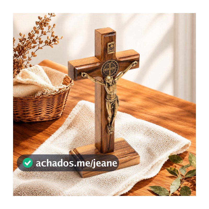 Crucifixo de Madeira com Medalha de São Bento para Mesa e Parede 9 cm 12 cm 17 cm