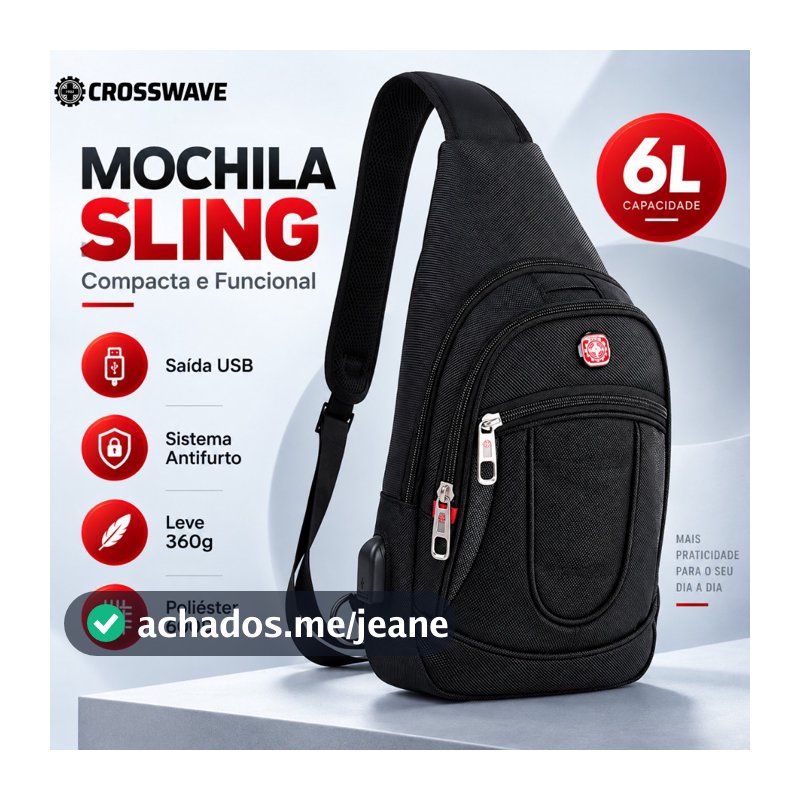 Mochila Transversal Masculina Crosswave 6L Compacta com USB e Sistema Antifurto