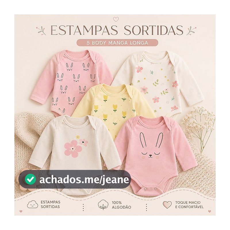 Kit 5 Peças Body Manga Longa Estampado Enxoval Roupa de Bebê