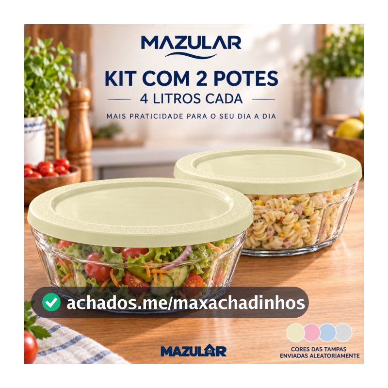 Kit 2 Pote Tigela de Vidro Saladeira Multisuso 4 Litros Com Tampa Plastica