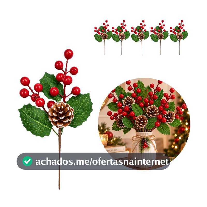 Kit Galhos Natalinos Azevinhos Cerejinha Pinha Flores de Natal Artificiais, Enfeites para Árvore de Natal e Decoração