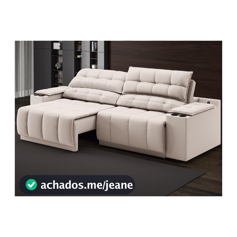 Sofá com Porta Copos Carregador USB Ret Rec Samurai 2,30m Velosuede Areia - NETSOFAS