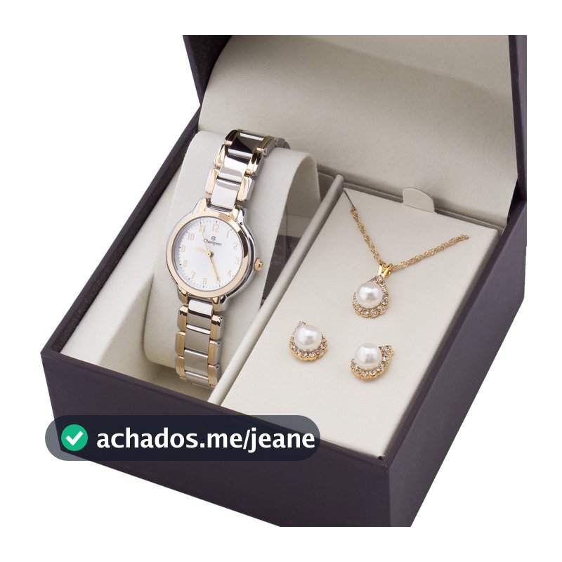 Relógio Feminino Pequeno Champion Prata e Dourado Bicolor CN24959C Kit Colar e Brincos Original