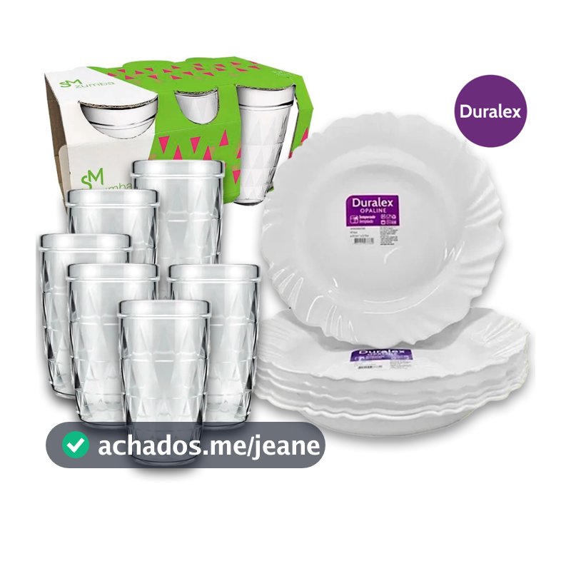 KIT 12 Peças 6 Pratos Petala Fundo Opaline Duralex e 6 Copos Zumba 270ml Vidro freezer, geladeira