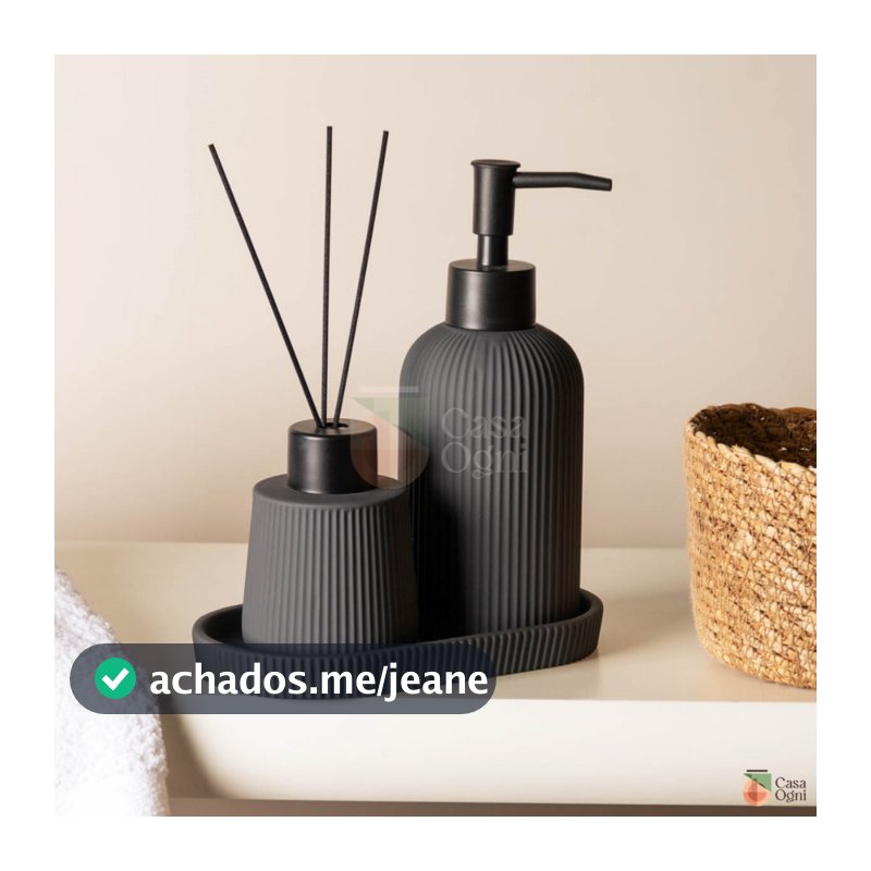 Kit de Banheiro Porta Sabonete Líquido e Difusor de Aromas com Bandeja Conjunto Aromatizador Cinza