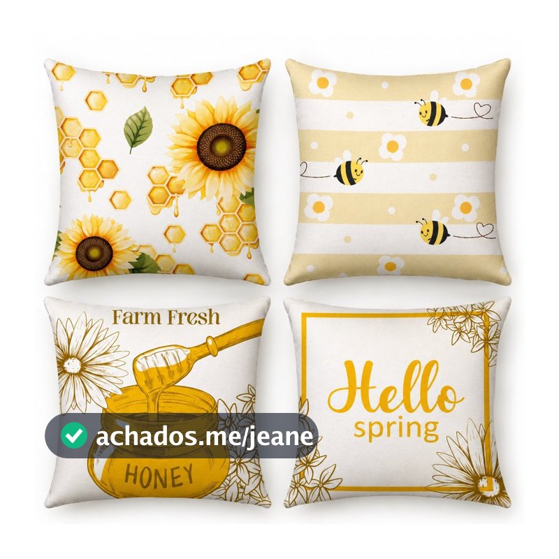 Kit 4 Capas de Almofada Farmhouse Girassol e Abelhinhas 45x45 Decoração Cottagecore.