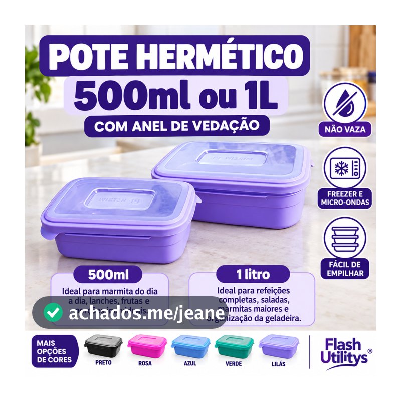 Pote Hermético 500ml ou 1L com Anel de Vedação Não Vaza Marmita Plástico Livre BPA Freezer Micro-ondas