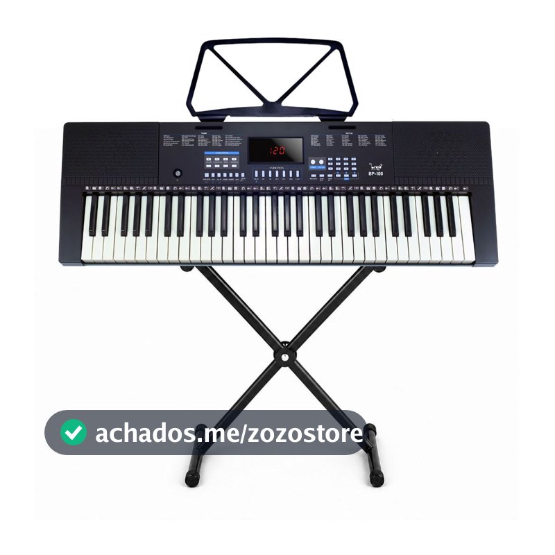 Kit Teclado Musical Bravo BP100 61 Teclas 5/8 Iniciante Estudante com Suporte em X Bivolt 127/220V Preto e Fonte Inclusa