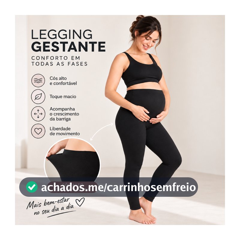 Calça Legging Gestante Maternidade Gravida Preto Cós Alto Confortável Gestação Feminina Plus Size