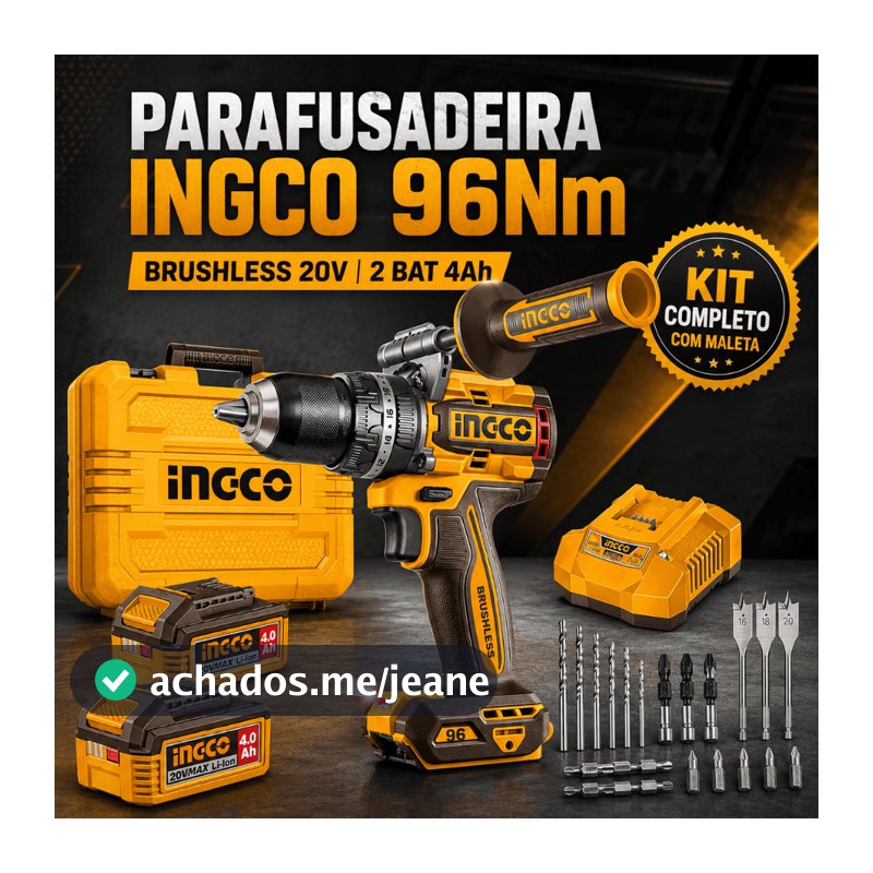 Parafusadeira Furadeira Impacto Ingco 20V Brushless 96Nm 2 Baterias Maleta Acessórios CIDLI209686-9