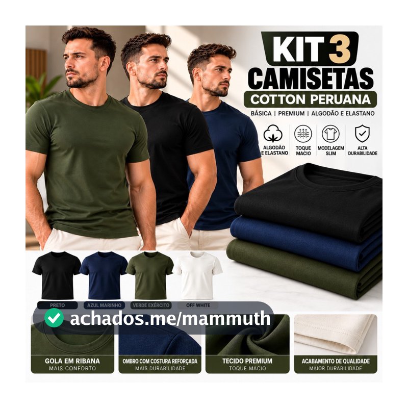 Kit 3 Camisetas Cotton Peruana Masculina Lisa Slim Manga Curta Algodão e Elastano Casual