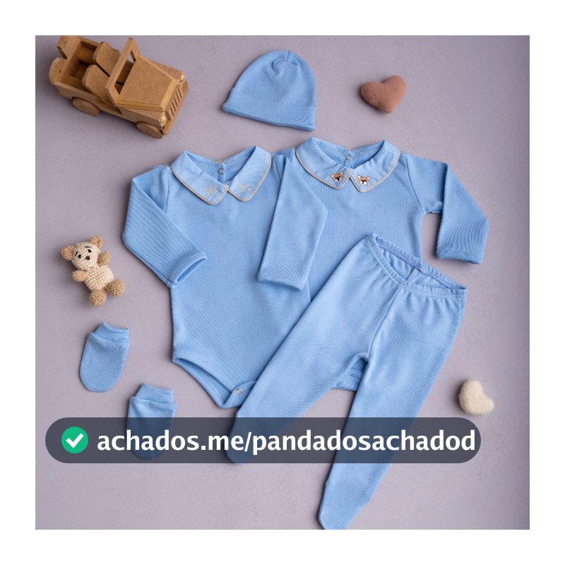 Kit 4 Peças Saída Maternidade Bebê Menino Azul Body Touca Calça Mijão Luvas 100% Algodão