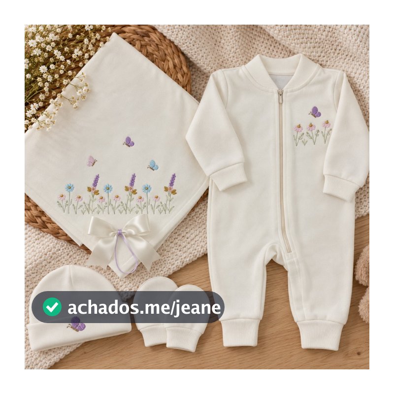 Saída Maternidade Bebê Jardim 4 Peças Suedine 100% Algodão Bordado