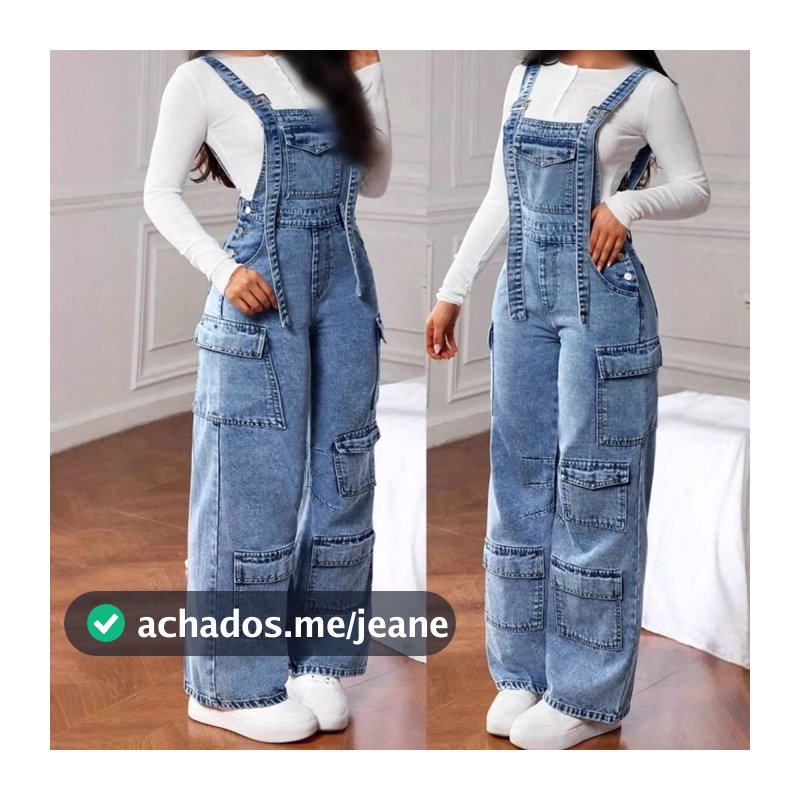 Jeans femininos calças Jeans macacão Multi-bolso calças Cargo de perna larga atacado