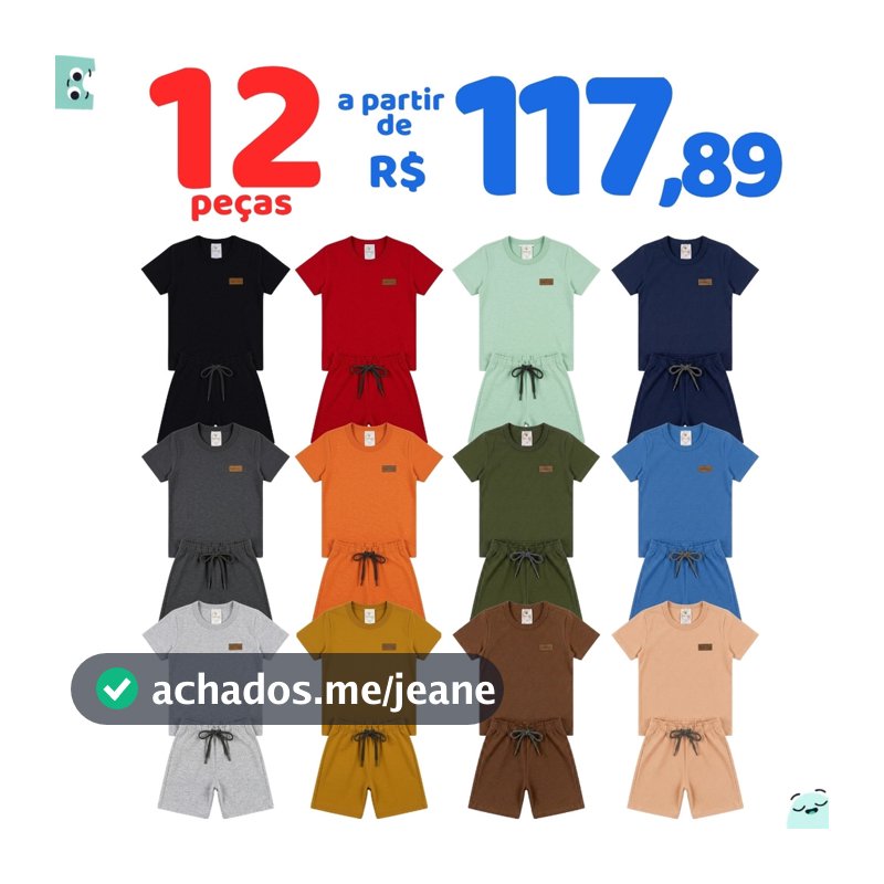Kit Monocromático 12 Peças Menino Infantil Manga Curta Verão Liso Algodão