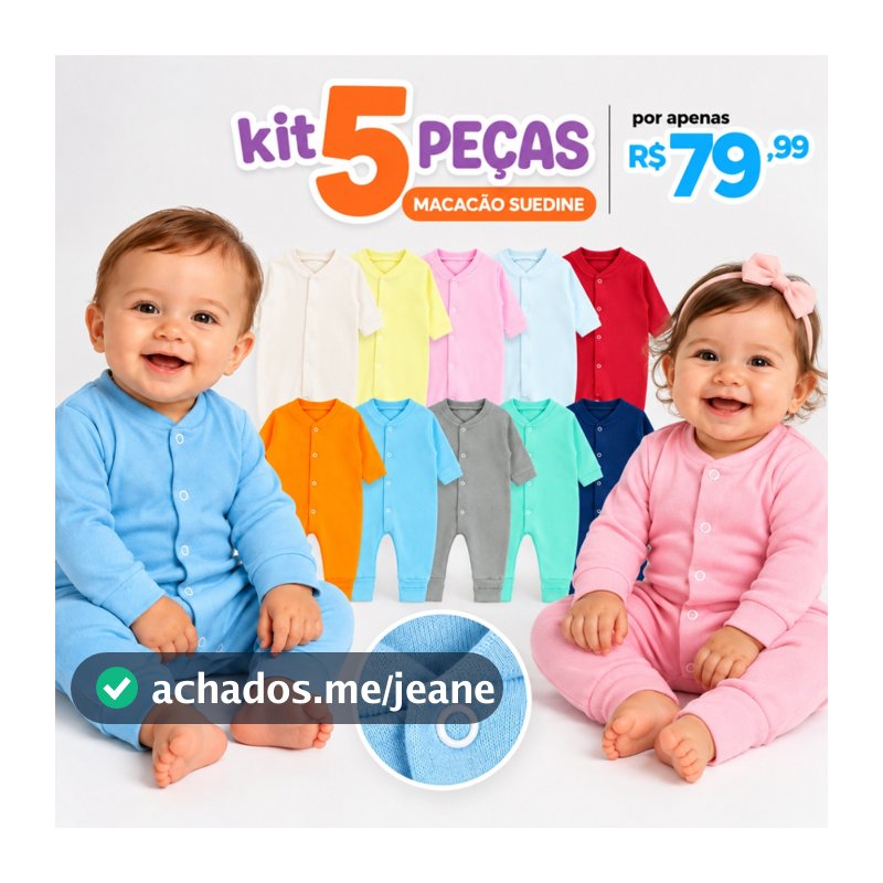Kit 5 Macacão Suedine Liso para Bebê com Cores Minimalista Menino e Menina Pé Reversivel