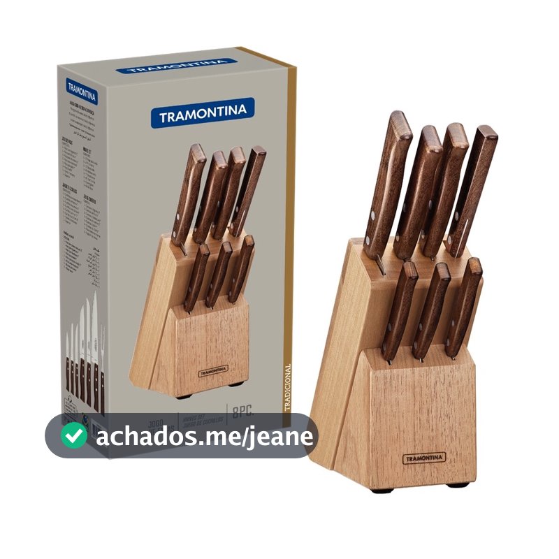 Jogo de Facas Tradicional com Lâminas em Aço Inox e Cabos de Madeira Natural com Suporte de Madeira 8 Peças Tramontina