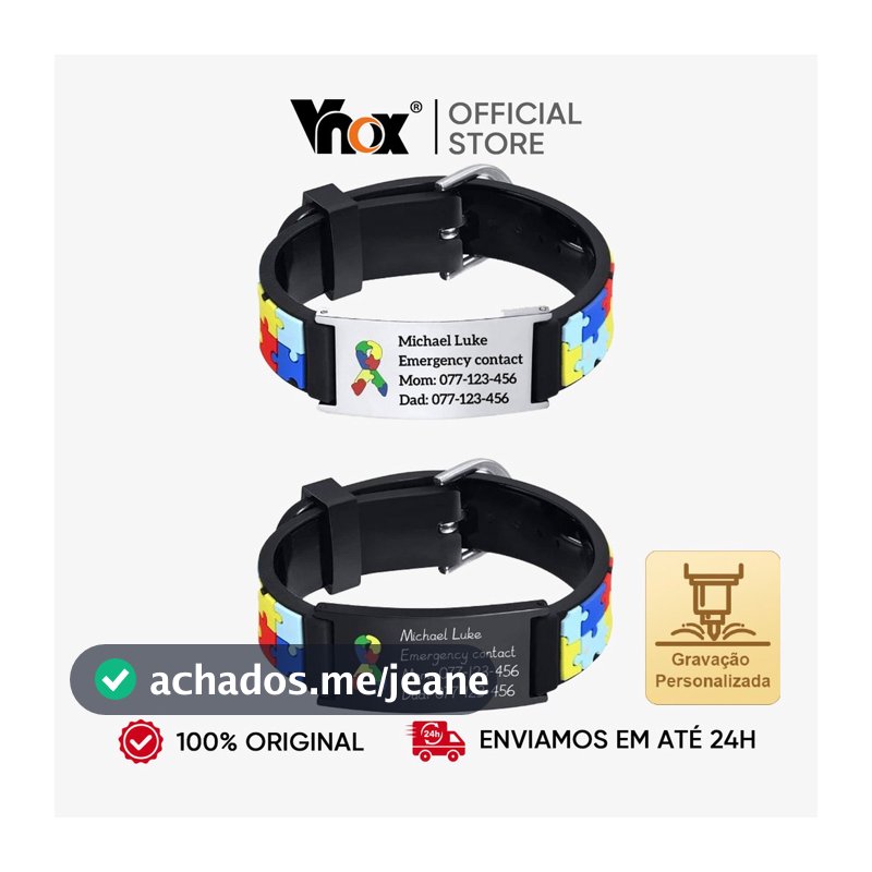 VNOX Cuastom Engrave Pulseira Infantil Autismo Puzzle Colorida - Nome Personalizado Em Aço Inoxidável Para Crianças