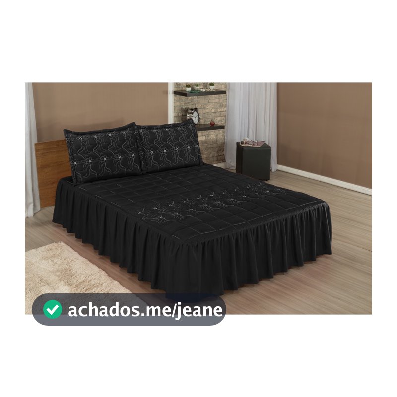 Colcha Casal  Com Babado  Cobre Leito Padrão Bordada MATELASSE  03 Peças  PRETA
