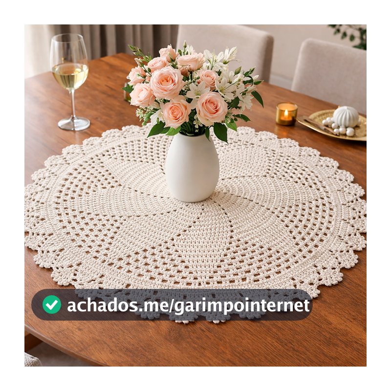 Tapete Redondo de Crochê Cru 80cm 100% Algodão Artesanal Decorativo Sala Quarto