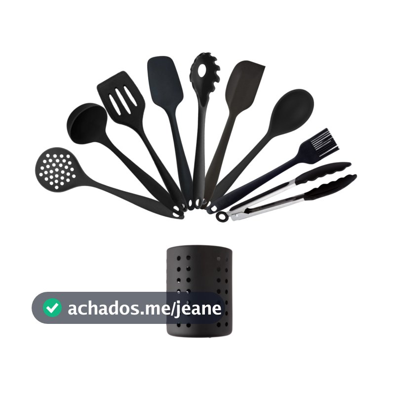 Kit Utensílios de Silicone Inteiriço 9 Peças + Suporte Em Aço Inox Preto para Cozinha Linha Premium Escumadeira Espatula
