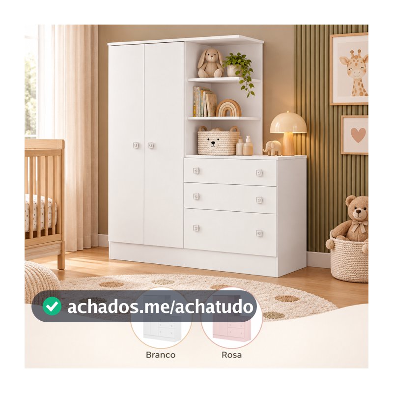 Guarda Roupa Infantil com Cômoda 3 Gavetas Quarto de Bebê Doce Sonho MDP Qmovi
