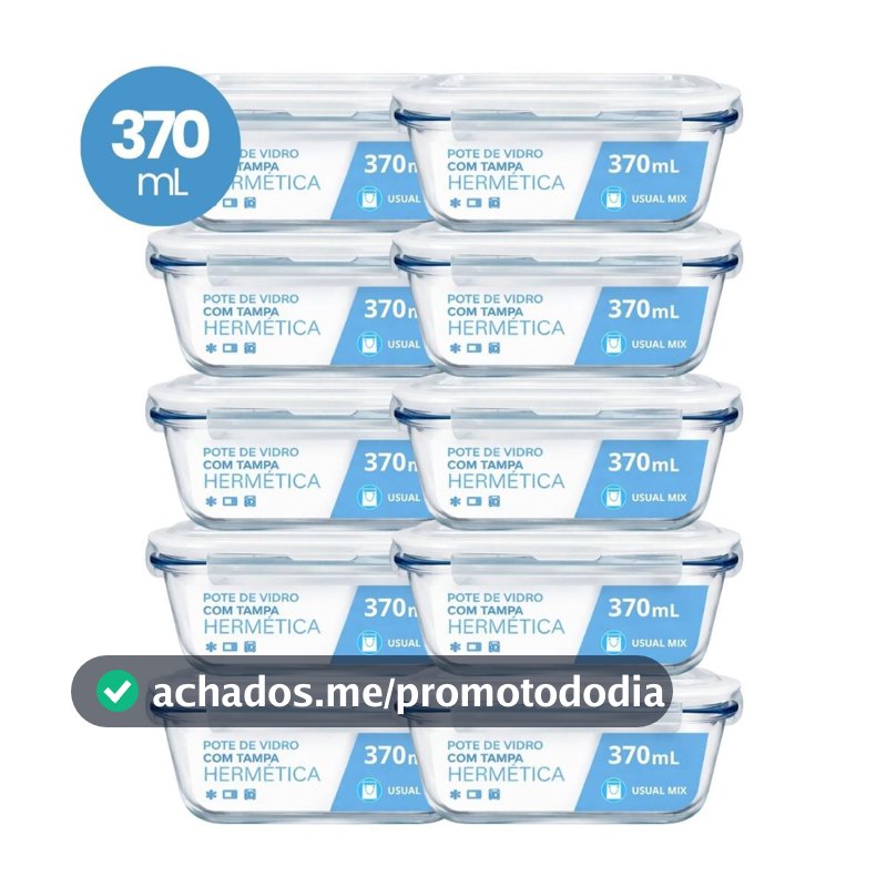 Kit 10 Pote Vidro Hermético Marmita 370ml Micro-ondas Freezer Forno Organização Geladeira