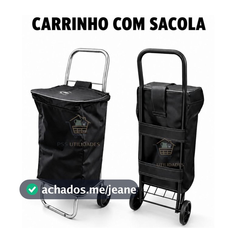 Carrinho De Mão Com Sacola Base Dobravel Compras Feira Mercado Cor Preto