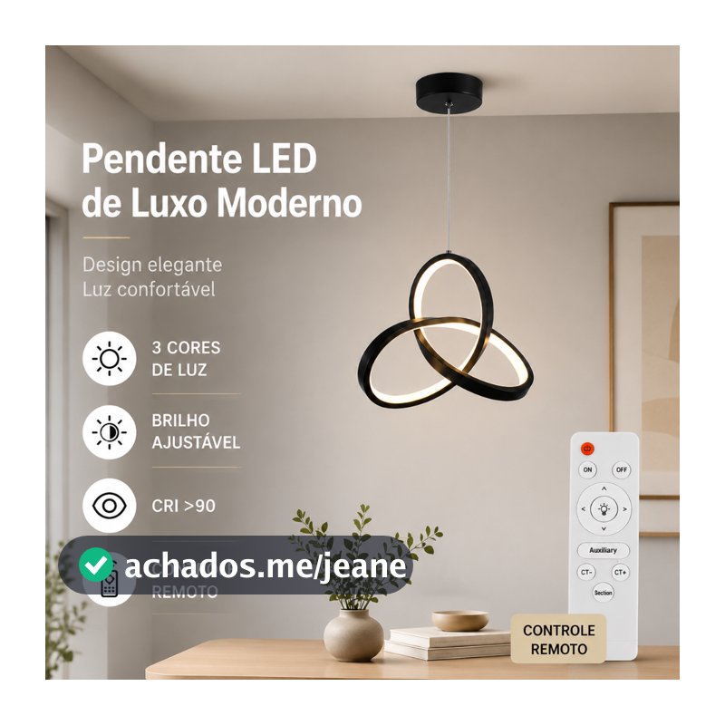Luminária de Teto Lustre Pendente LED Moderno com Três Cores de Luz para Sala, Quarto, Cozinha e Ambientes Internos