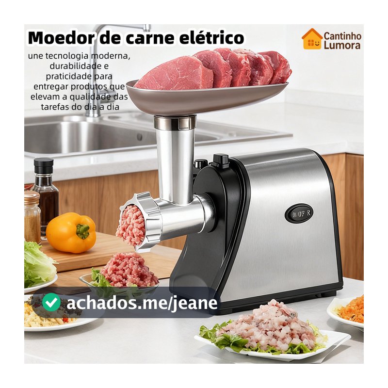 Moedor de Carne Elétrico 1500W Aço Inox 110/220V com Funil para Linguiça e 3 Discos de Corte
