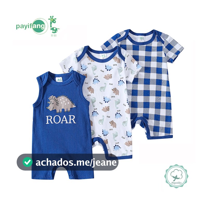 Kit 3 Macacão Bebê Menino Curto 100% Algodão Temática Dinossauros Azul Roupa de Verão TM-3196