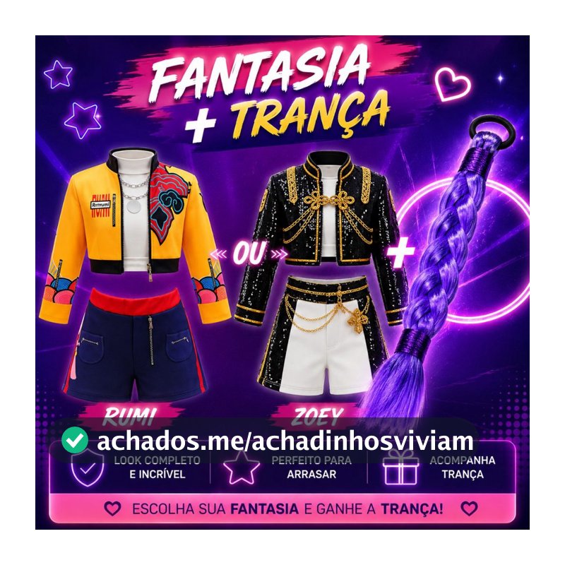 Fantasia KPOP Rumi ou Zoey Infantil + Trança Roxa Guerreira K-POP Cosplay Dança Show Carnaval Dia das Crianças