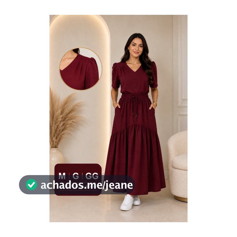 Conjunto Feminino Saia Longa com bolso e blusa Decote V manga curta com pregas moda Social, evangélico.