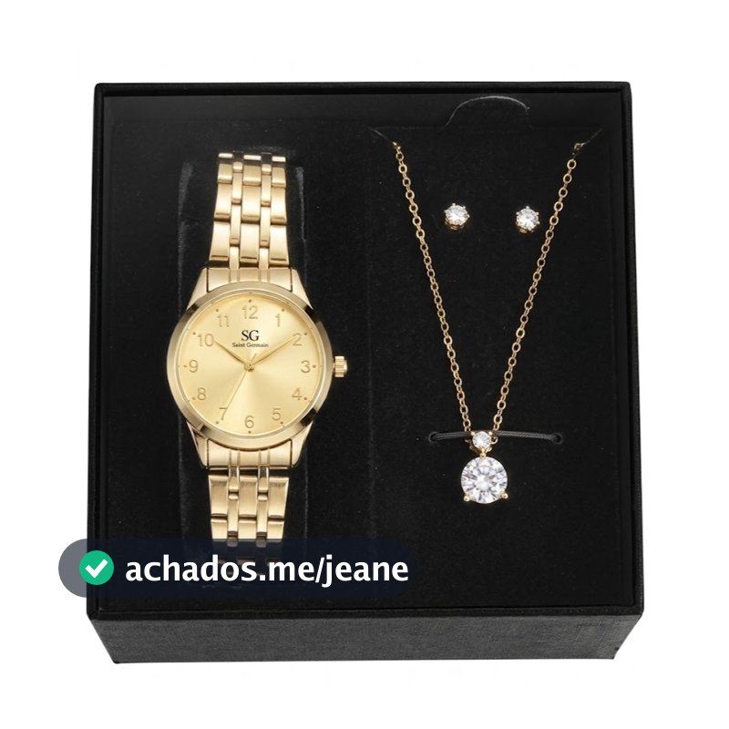 Kit Relógio Colar Brincos Dourado Feminino Saint Germain Delicado Elegante Luxuoso Dia a Dia
