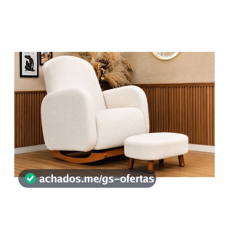 Poltrona de Amamentação Decorativa Curva  Balanço  Orgânica Boucle Bege ou Cinza com Puff para Sala Moderna Confortável!