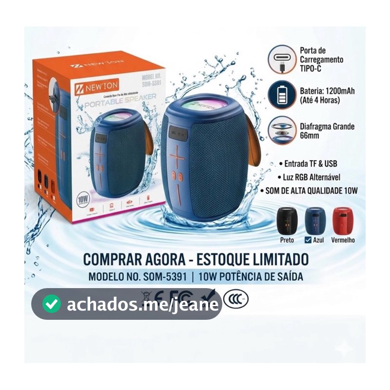 Caixa De Som Portátil New'ion Som-5391 Bluetooth 10w Azul 5v. Caixa De Som Bluetooth 50w Hi-fi Rgb À Prova Dágua Com Tws