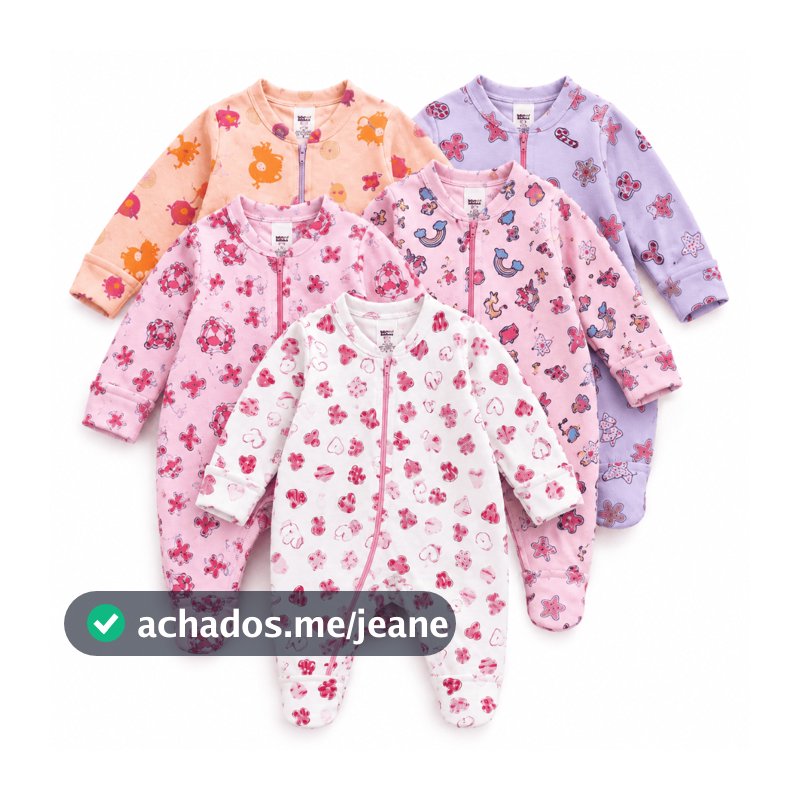 Kit 5 Macacão Bebê Estampado Ziper Menina Algodão Vira Pé Inverno Enxoval Macio Inverno