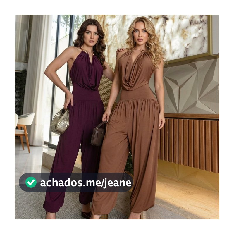 Macacão Feminino Argola Colar Elegante  Costa Nua Frente Única Caimento Solto Confortável Aladim