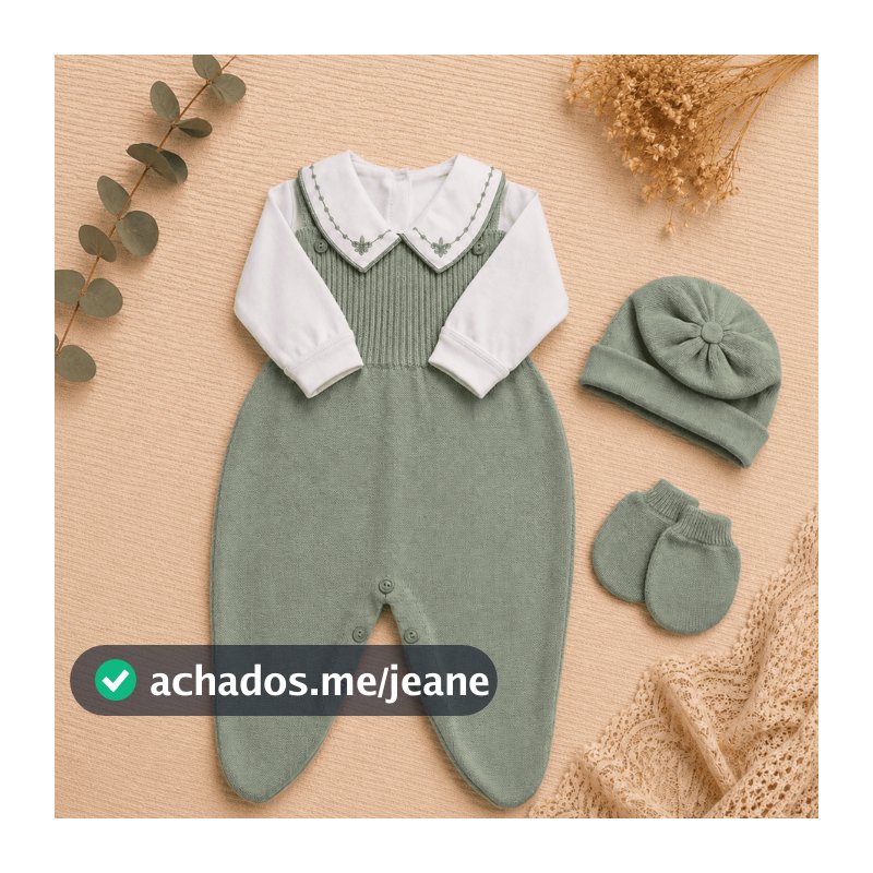 Saída Maternidade Menino Tricot Bebê Jardineira Body Touca Luva Conjunto Recém Nascido RN Presente