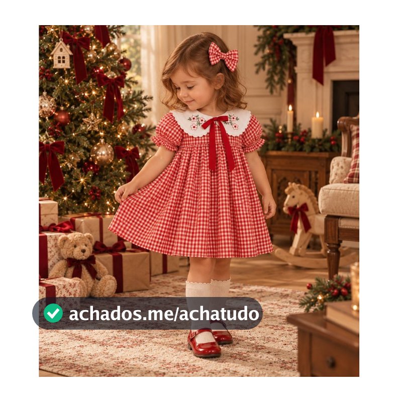 Vestido Infantil Xadrez Joana com Gola Bordada Festa Fazendinha.