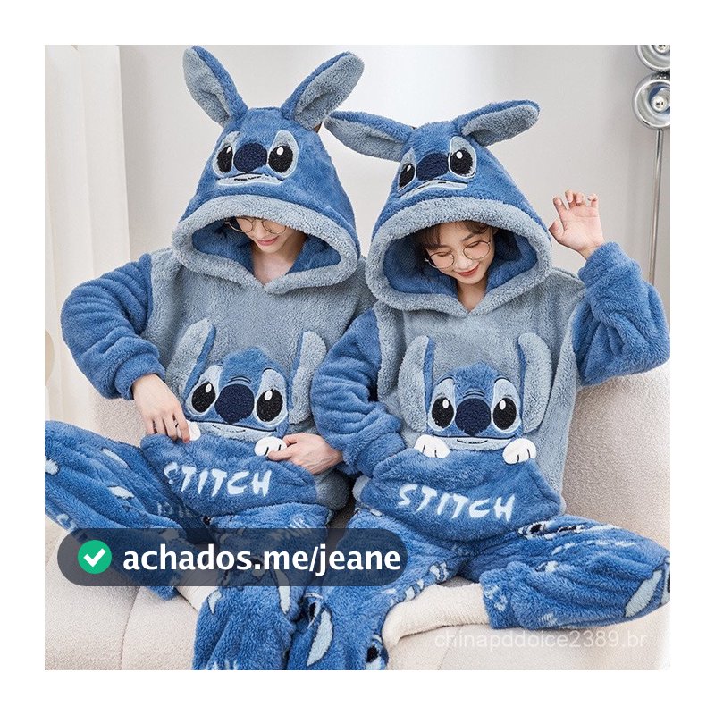 Pijama Stitch Casal Inverno Flanela Coral - Conjunto com Capuz e Meias Antiderrapantes