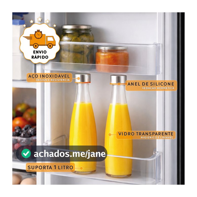 Jogo Kit Garrafa Vidro Redondo Geladeira Suco Laranja Reutilizável Tampa Hermética De Aço Inoxidável