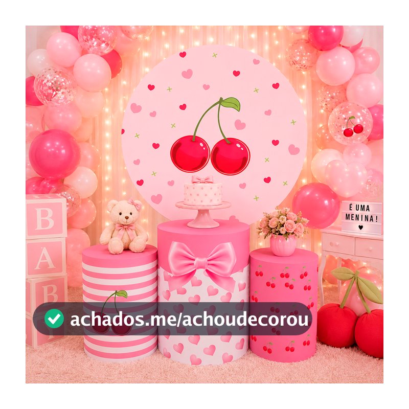 Kit Painel Redondo Vest Facil + Trio De Capas de cilindro Sublimado Tema Cereja Aniversario Menina