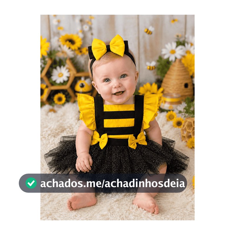 Jardineira Saia Fantasia Glitter Tule Premium Abelhinha Mesversário Infantil Romper Bebê Temática