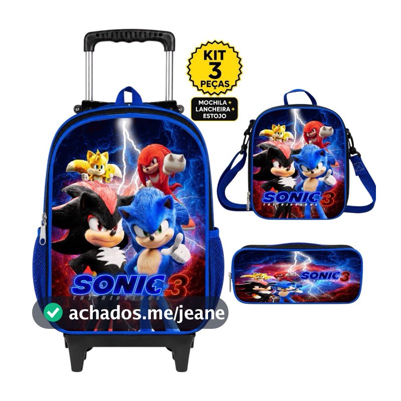 Mochila Escolar Sonic 3 Menino Infantil Masculina Rodinha Bolsa Grande Juvenil Reforçada