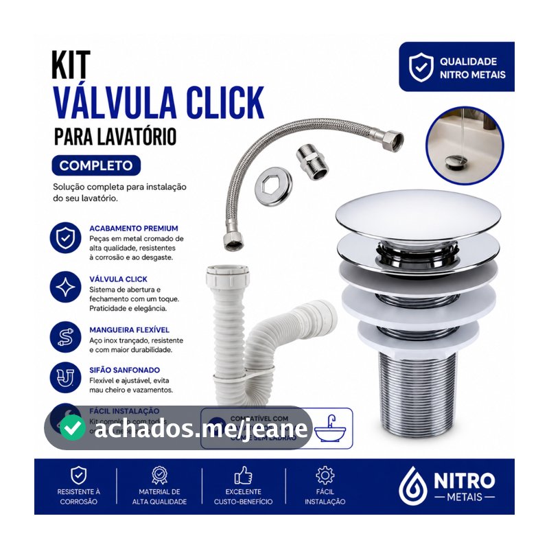 Kit Banheiro Engate Rabicho Flexível 40cm+ Valvula Ralo Click 7/8+ Sifão 72cm branco