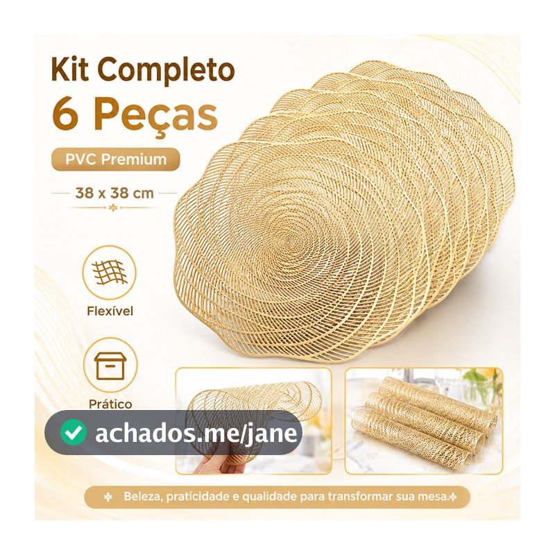 Kit 6 Jogo Americano Sousplat PVC Redondo Dourado Para Mesa de Cozinha Sala de Jantar