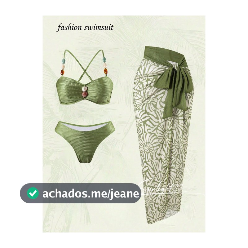 Conjunto de Maiô de 3 Peças, Moda, Maiô de Cintura Alta com Contas, Conjunto de Praia Feminino + Saia de Chiffon