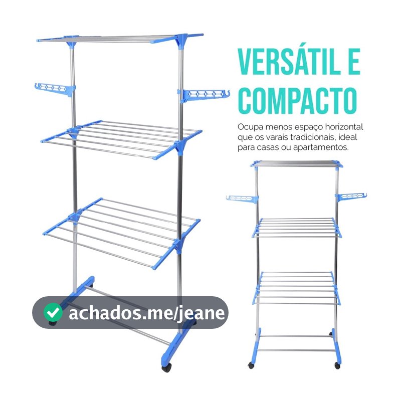 Varal De Roupa Dobrável Torre 3 Andares Com Rodas Aço Inox Vertical Azul Umbrella