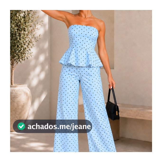 Conjunto Feminino Tomara que Caia com Peplum e Calça Pantalona  Bolinha Poa Trabalho Moderno REF: Leona Bolinha